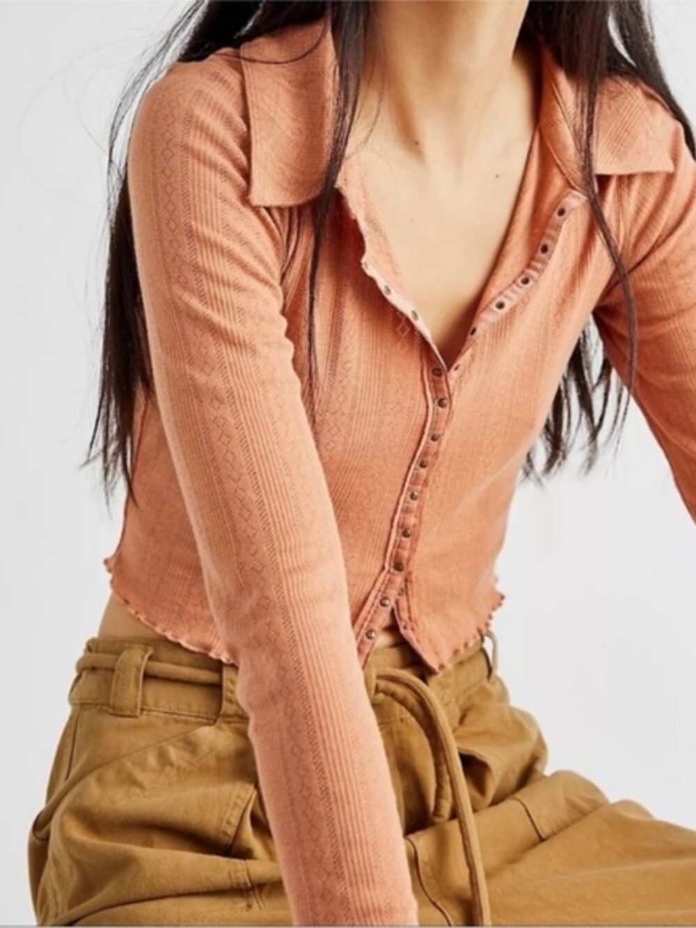 Free People Orange On the Road Cardi Long Sleeve Tee Shirt Size Medium